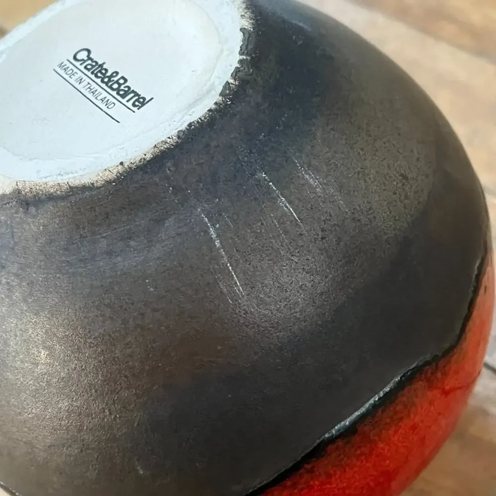 Crate & Barrel Vase Red Reactive 6 in Red & Black Lava Drip Glaze